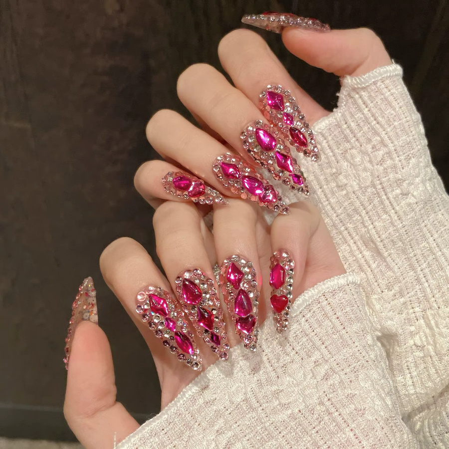 YADORNOS Press On Nails, rosafarbene Stiletto Kunstnägel mit Glitzer, 10 Stück - Bild 2