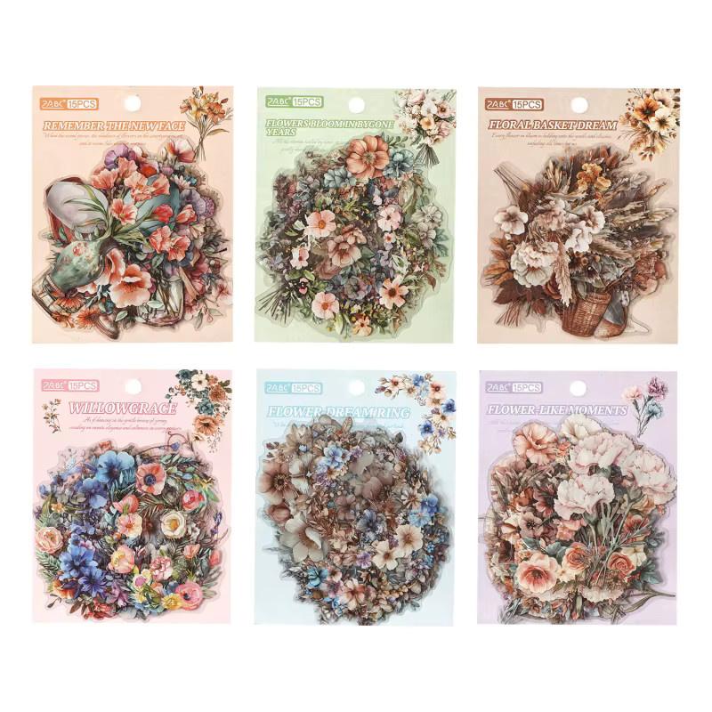 15 Retro-Blumenstrauß und Vasen Aufkleber in Multicolor mit zarter Linienkunst für dein Tagebuch - Bild 2