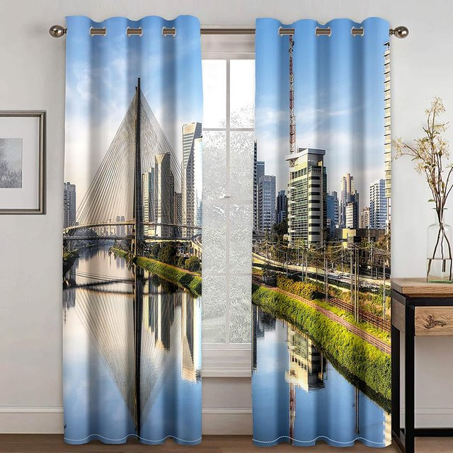 Yiran Furniture Fenster Vorhänge New York City Midtown Skyline Motiv in Blau, B: 100 cm, H: 130 cm - Bild 1