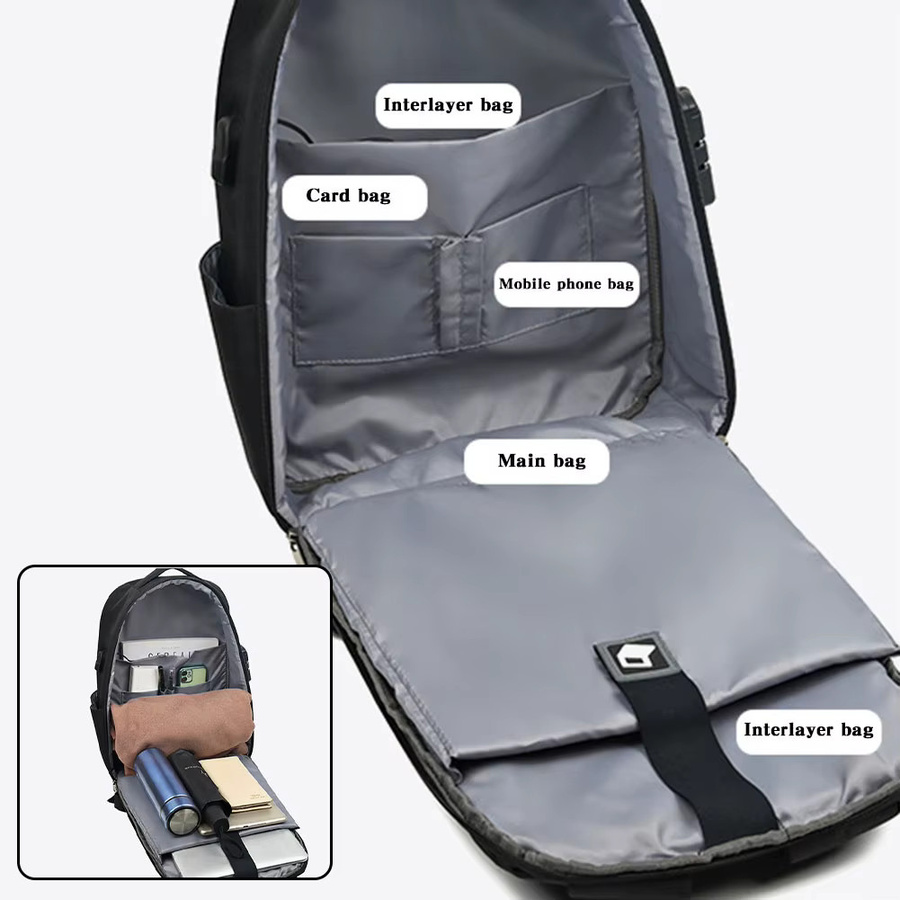PEAKINBAGS Herren-Rucksack in Schwarz mit USB-C-Ladeanschluss, Diebstahlschutz und wasserdichtem Hartschalenfach für Laptops - Bild 4