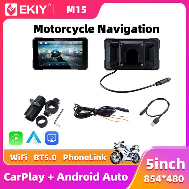 EKIY Wireless CarPlay und Android Auto Motorrad Navigation mit 5,0 Zoll tragbarem GPS-Display in Schwarz - Bild 1