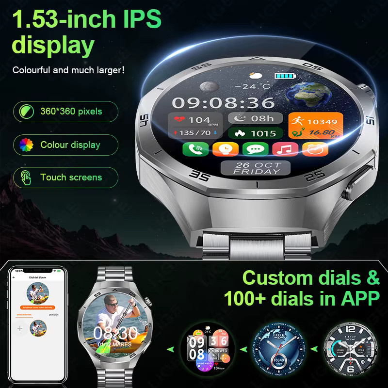 LIGE Smartwatch, Herren, Schwarz, Edelstahl, Silikon, 1,53 Zoll - Bild 6