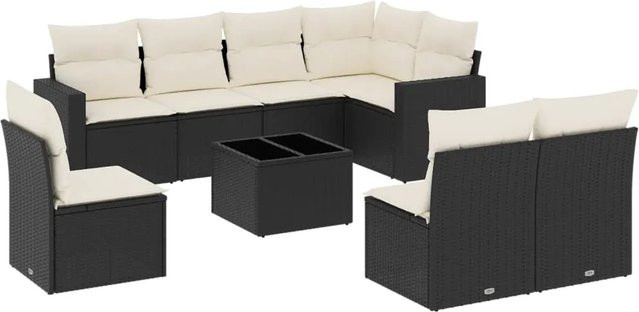 vidaXL 9-tlg Garten-Sofagarnitur aus Poly-Rattan mit Kissen und Glastisch in Schwarz - Bild 1