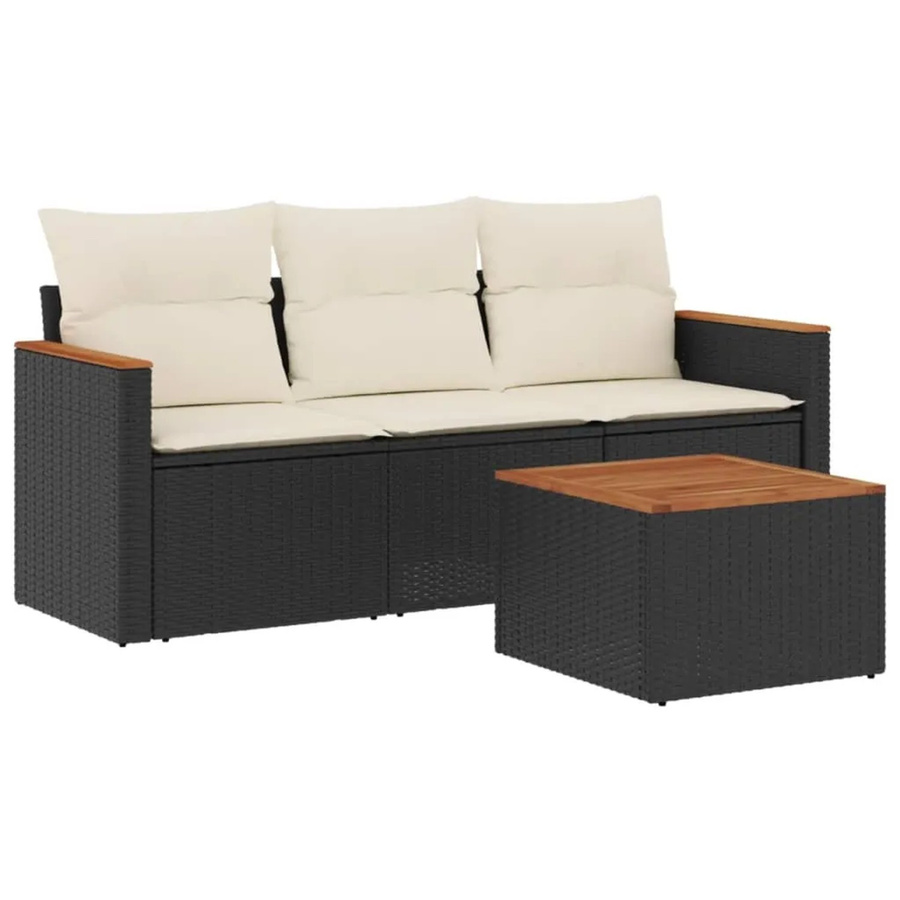 vidaXL 4-teilige Garten-Sofagarnitur aus Poly-Rattan und Akazienholz in Schwarz mit Kissen - Bild 2