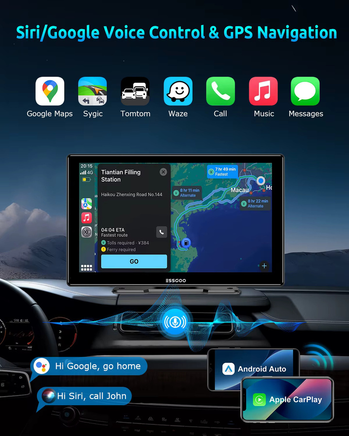 ESSGOO Tragbares Autoradio mit 9 Zoll IPS Touchscreen, Wireless CarPlay und Android Auto, Schwarz, mit Bluetooth, Wi-Fi, USB, AUX, FM und Sprachsteuerung, universell für Lastwagen, Lieferwagen und Pick-ups - Bild 3