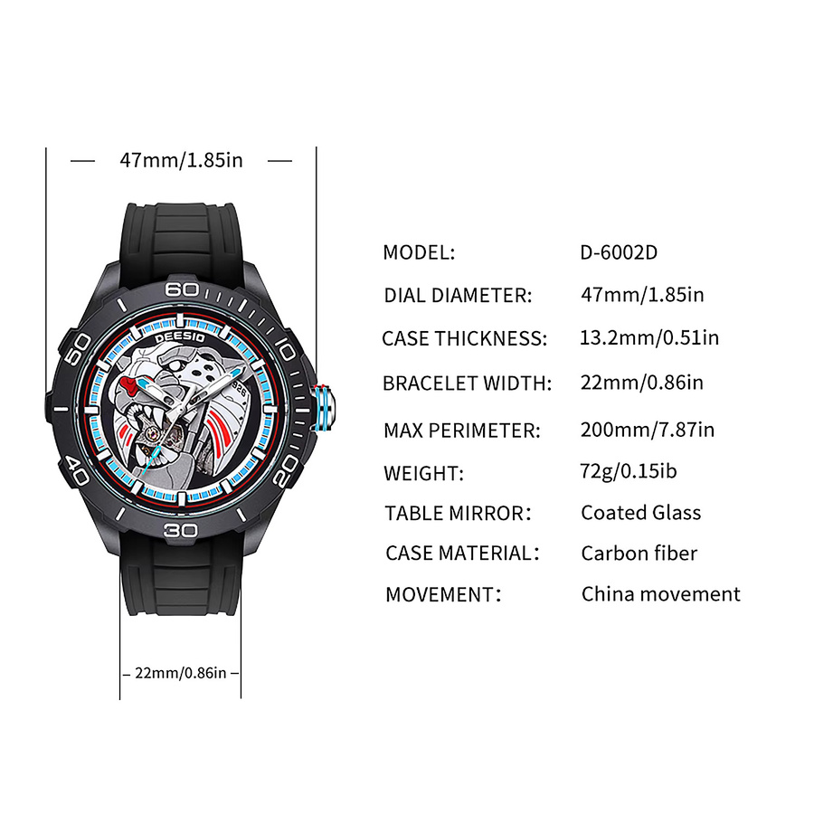 Deesio Armbanduhr Automatik, Kohlefasergehäuse, Silikon, Herren, Schwarz - Bild 4