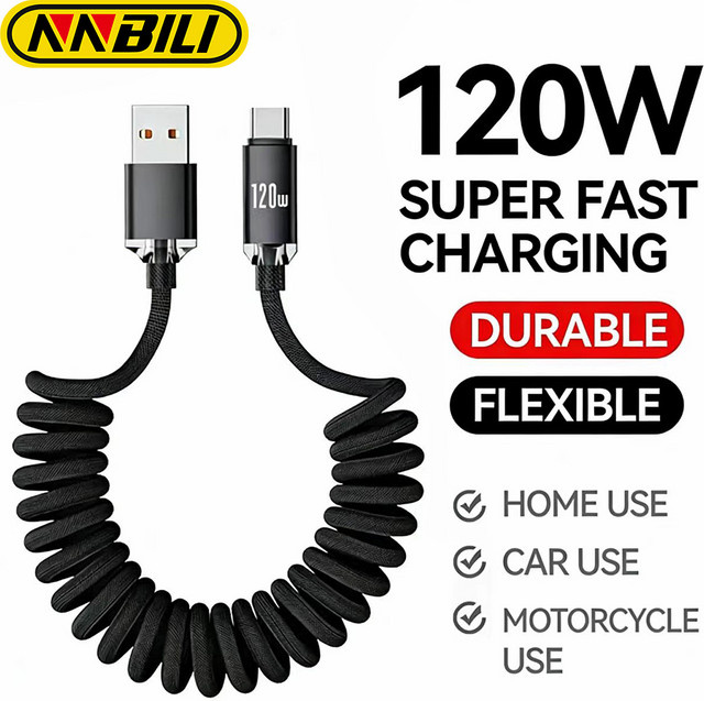 NNBILI 120W Auto USB-A zu USB-C Schnellladegerät mit spiralförmigem Teleskopkabel für Samsung, Xiaomi, Huawei und iPhone in Schwarz und Grün - Bild 1