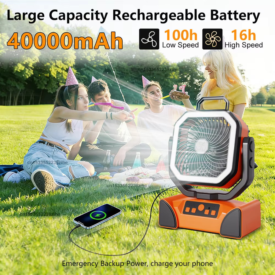Raugee Campingventilator mit 40000mAh Akku, tragbarer USB-wiederaufladbarer Tischventilator und Deckenventilator mit LED-Licht und Fernbedienung, Schwarz/Orange - Bild 6