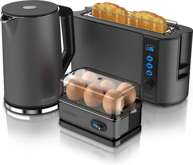 Arendo Frühstücks Set in Grau bestehend aus Wasserkocher, Langschlitz Toaster und Eierkocher aus Edelstahl und Kunststoff - Bild 1