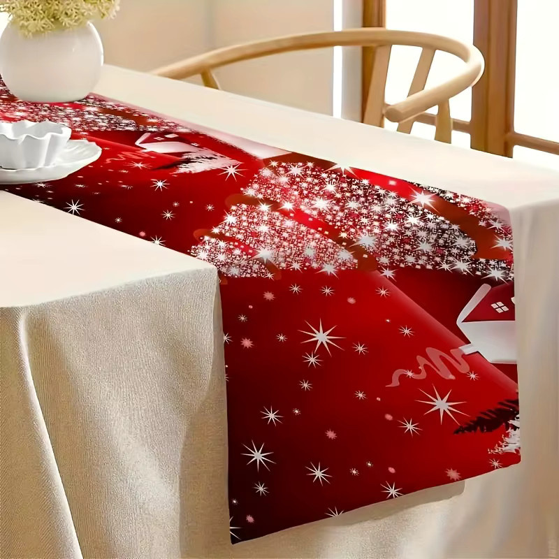 VIKAMA Weihnachts Tischläufer Rot mit Schneeszene und Schneeflocken, B/T: 183 x 33 cm - Bild 3