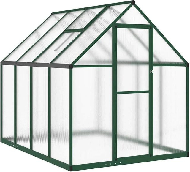 vidaXL Gewächshaus aus Aluminium und Polycarbonat mit Fundamentrahmen in Grün, B/T/H: 224 x 169 x 195 cm - Bild 1