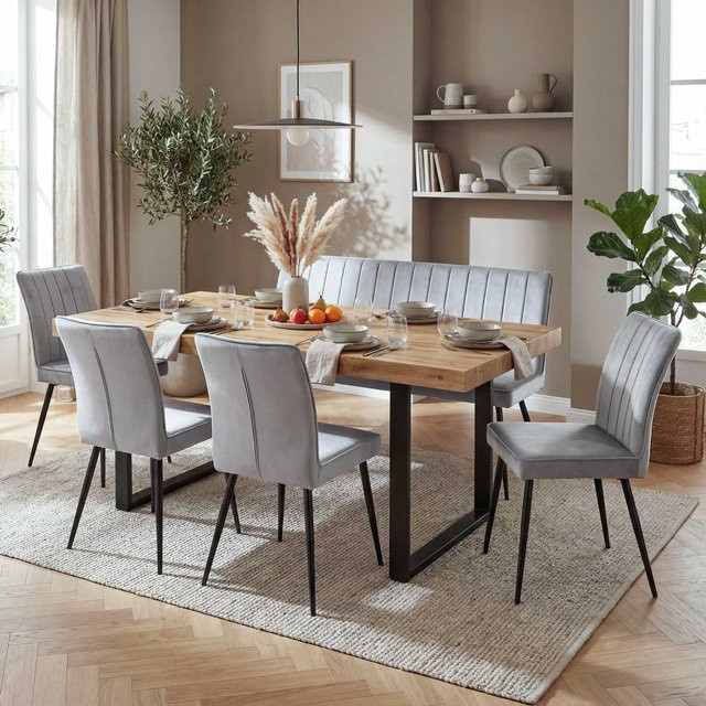 MCW Esszimmer-Set K16 5-teilig in Hellgrau aus Samt und Metall - Bild 2