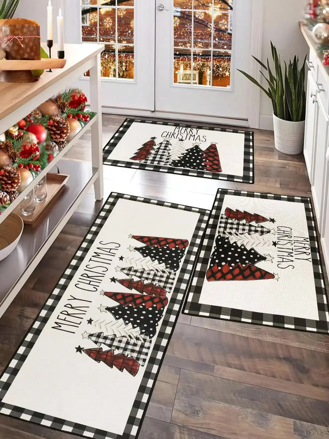 Rutschfeste und saugfähige Weihnachtsbaum-Bodenmatte mit Karomuster in Rot für Küche und Zuhause - Bild 5