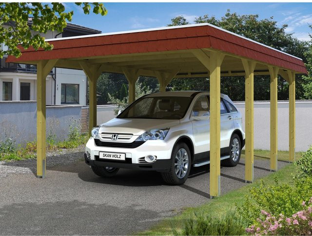 Skan Holz Carport Spreewald aus Nadelholz mit grüner Blende und flacher Dachform inklusive Regenrinne und Regenfallrohr - Bild 1