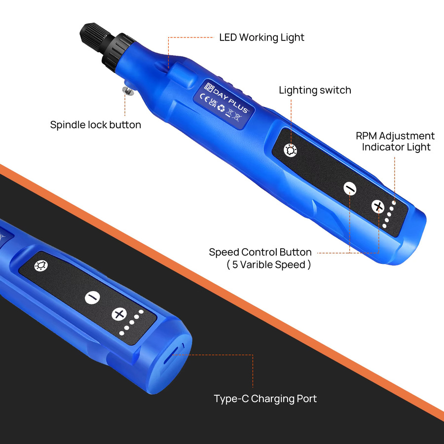DayPlus Kabelloses Rotationswerkzeug-Set in Blau mit 80-teiligem Zubehör, 1,5 Ah Akku, 5 Geschwindigkeiten und LED-Licht für Gravieren und Polieren - Bild 4