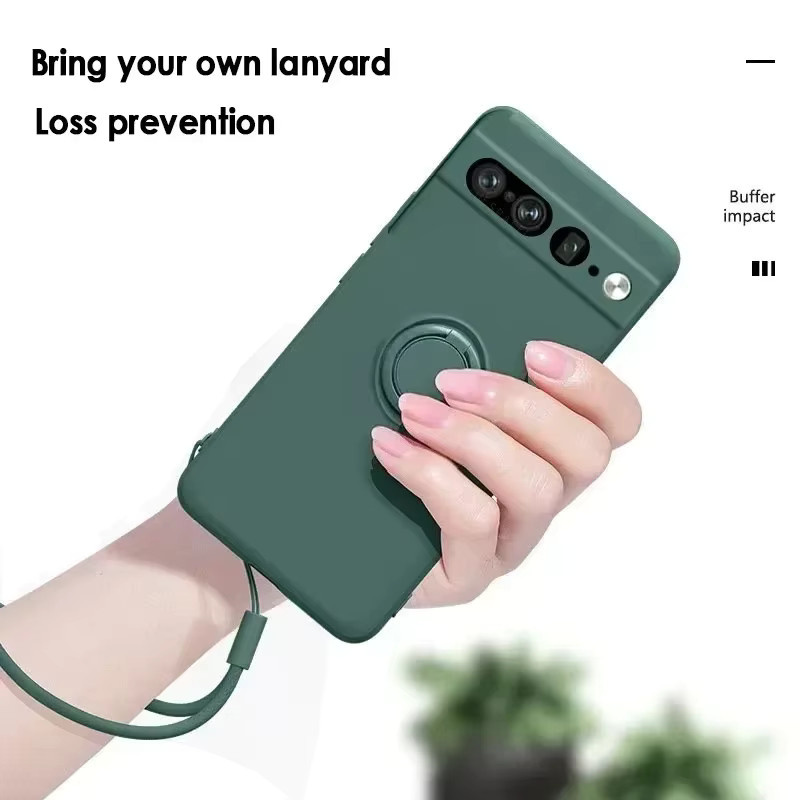 Original Flüssigsilikon Schutzhülle für Google Pixel 10, 9 Pro XL, 8, 7 A Pro mit drehbarem Ringhalter und Handschlaufe in Schwarz - Bild 1