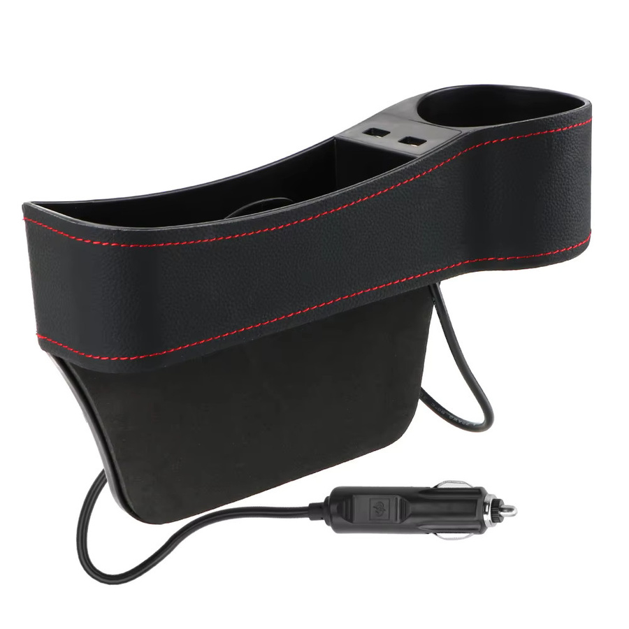 LEEPEE Leder Sitzlücken-Organizer in Schwarz mit Dual USB-Ladegerät und Halterung für Flaschen und Handy - Bild 2