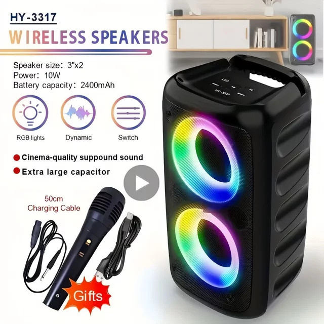 AyeBeau Karaoke Bluetooth Lautsprecher mit Mikrofon, FM Radio und LED-Lampe, Schwarz - Bild 1