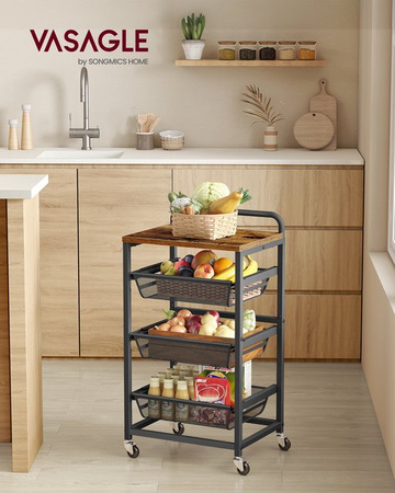 VASAGLE Servierwagen mit 4 Ebenen und herausziehbaren Körben in Schwarz-Braun, Rollwagen für die Küche, B/T/H: 31,7 x 40 x 76 cm