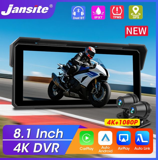 Srnubi Tragbarer 8,1 Zoll Motorrad Recorder mit 4K UHD, IP67 Wasserdicht, GPS Navigation, Drahtlos CarPlay und Android Auto, Schwarz - Bild 1