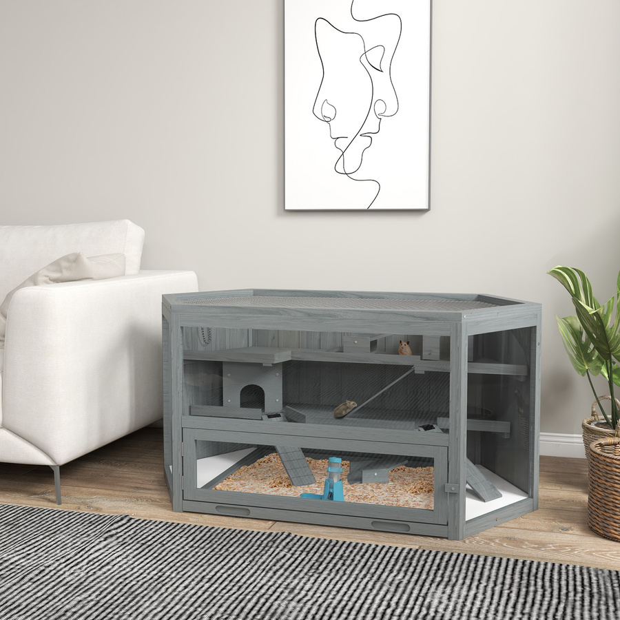 PawHut 3 Etagen Nagerkäfig aus Holz in Grau mit Sichtfenster und Rampe, B/T/H: 115 x 60 x 60 cm - Bild 2