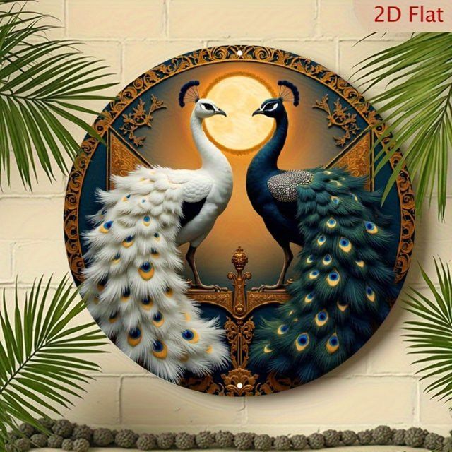 HELLOYOUNG Vintage Wanddekoration aus Metall mit Pfauen- und Hahn-Motiv, rundes Aluminiumschild in Gold-Optik - Bild 1