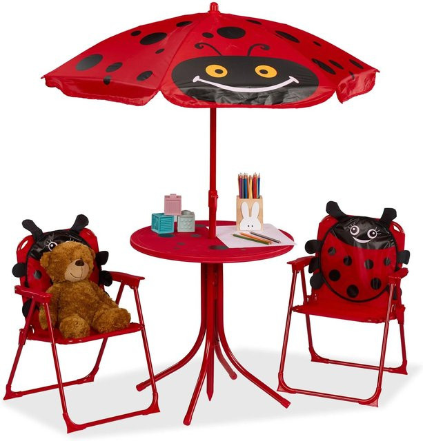 Relaxdays Kindersitzgruppe aus Eisen und Kunststoff mit Sonnenschirm im Marienkäfer-Design, Farbe: Rot, B/T/H: 53 x 36 x 37,5 cm - Bild 1