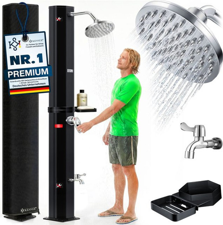 KESSER Solardusche Gartendusche mit 50 Litern Warmwasser, Regenduschkopf, Metall-Duschablage und Schutzhaube für Camping und Pool