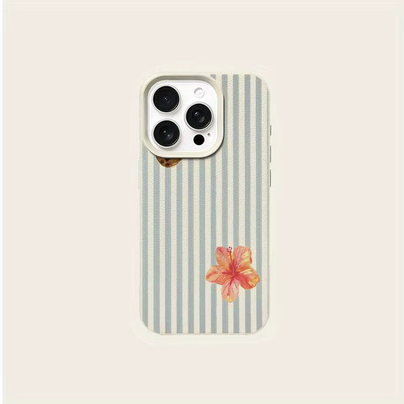 Handyhülle mit Blumenmuster und Litschi-Struktur für Apple iPhone 17, 16, 15 Pro Max Plus in Beige und Multicolour - Bild 4
