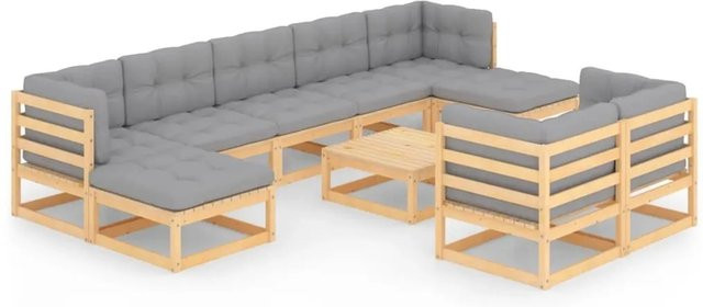 vidaXL 10-tlg. Garten-Lounge-Set in U-Form aus massivem Kiefernholz mit grauen Polsterkissen - Bild 1
