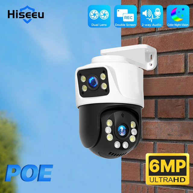 Hiseeu Dual-Lens Dual-Screen PTZ IP Kamera 3MP + 3MP PoE Outdoor Überwachungskamera in Weiß mit H.265 und Onvif Unterstützung - Bild 1