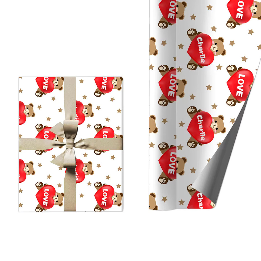 Personalisierbares Geschenkpapier von Joy-enlife mit niedlichem Bär und rotem Herz-Design für deinen Valentinstag in Rot und Weiß (3 oder 6 Stück) - Bild 4