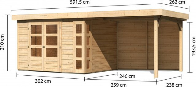 Gartenhaus KARIBU KERKO 5 aus nordischer Fichte mit Anbaudach und Rückwand, Farbe: braun/grau, B: 302 cm, T: 246 cm, H: 210 cm - Bild 1