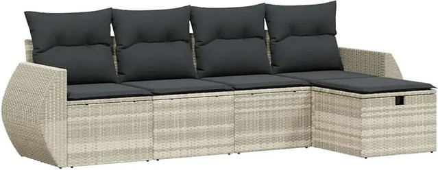 vidaXL 5-teilige Garten-Sofagarnitur in L-Form mit Polsterkissen, Hellgrau, Poly-Rattan und Metallgestell - Bild 1