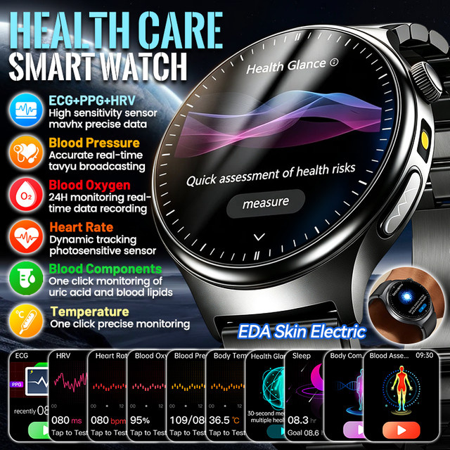 GUHUAVMI Smartwatch für Männer in Schwarz mit Lederarmband und Gesundheitsfunktionen wie EKG, HRV, PPG, Blutdruck, Temperatur und Harnsäure-Messung - Bild 1