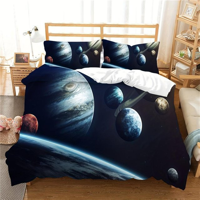 JMG Household Supplies Bettwäsche-Set mit 3D Weltraum Planeten Druck aus Polyester, 3-teilig, Multicolor, B/H: 135 x 200 cm - Bild 1