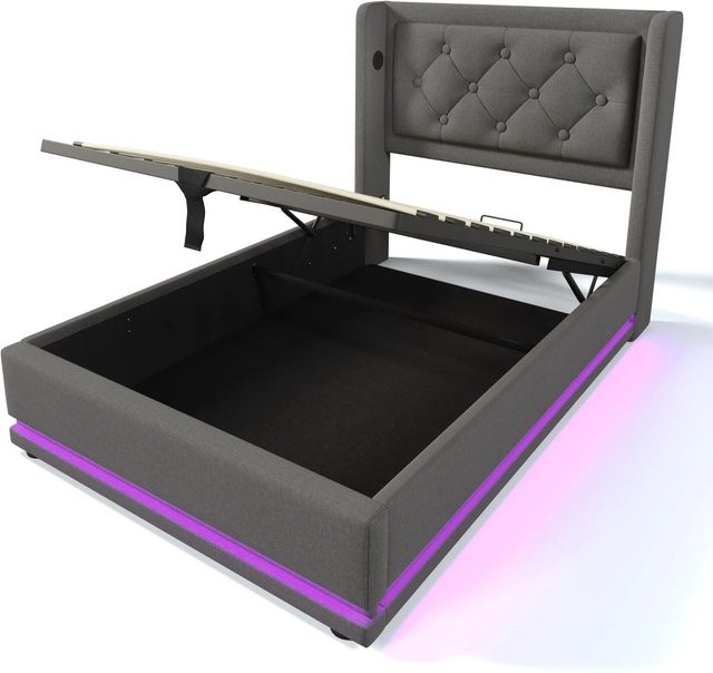 okwish Polsterbett Grau mit hydraulischem Stauraum, USB Type-C Ladefunktion und 3-seitiger LED-Beleuchtung, B/T/H: 90 x 200 x 36,1 cm - Bild 1