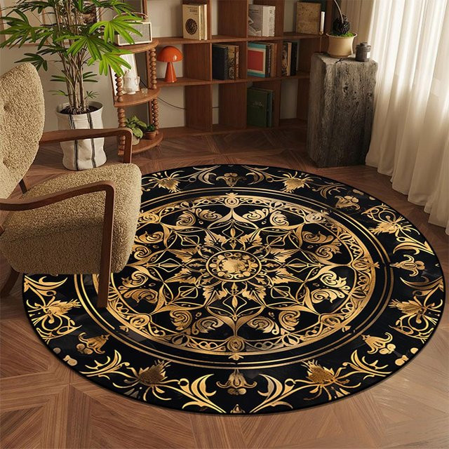 BC-Warm Home Rundteppich Gold Damast im Barock-Stil, Vintage Design, Antirutschmatte für Wohnzimmer und Schlafzimmer, Durchmesser: 120 cm - Bild 1