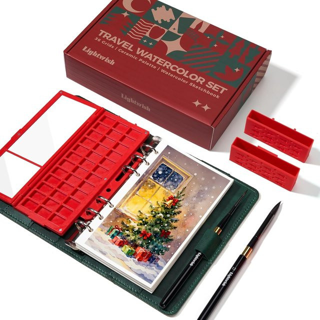 Tragbares Aquarell-Skizzenbuch-Set mit 36-Well-Keramik-Farbpalette und 2 Pinseln, Hardcover in Pink und Grün mit blanken Papierseiten und Kunstleder-Einband - Bild 1
