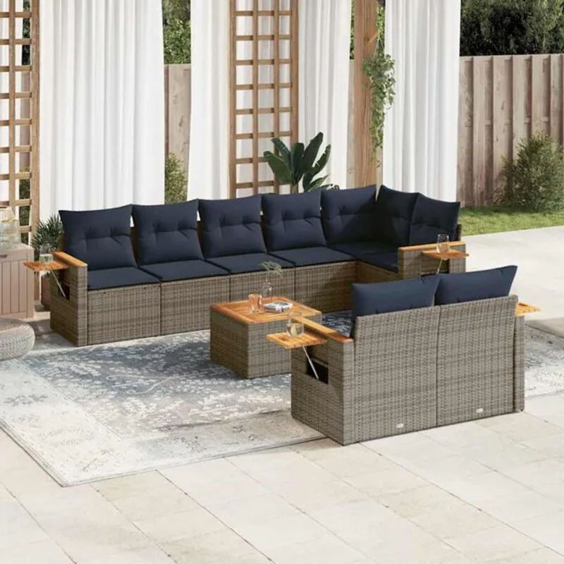 9-teilige moderne Garten-Sofagarnitur aus Poly-Rattan mit Kissen in Grau von vidaxl - Bild 1