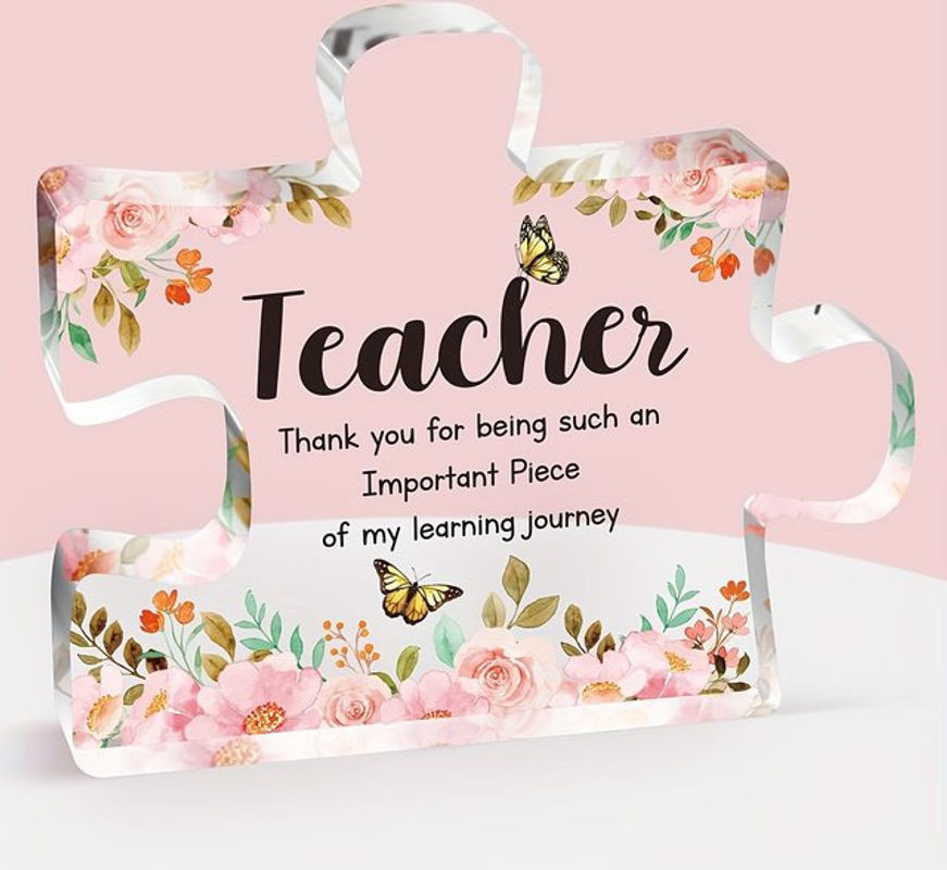 Personalisierte Acryl Plakette in Puzzleform als Lehrer Geschenk mit floralem Design, transparent - Bild 1