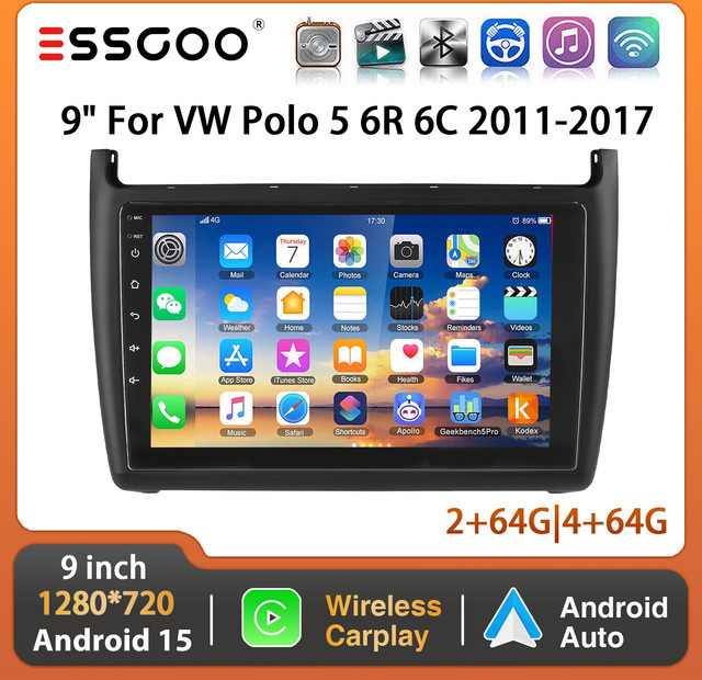 ESSGOO Android 15 Autoradio mit 9 Zoll Display, 4+64G, Wireless CarPlay, GPS, WiFi und Bluetooth für VW Polo MK5 6R 6C 11-16, Schwarz - Bild 1