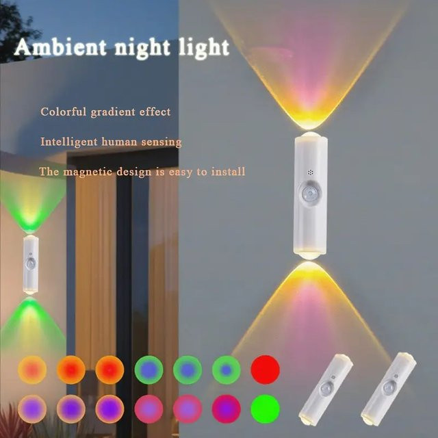 LINYILIGHT LED Doppelkopf-Magnetwandleuchte mit Bewegungssensor, wiederaufladbares Nachtlicht in Weiß mit RGB- und 3-Farben-Einstellung für Schrank, Flur und Treppe - Bild 1