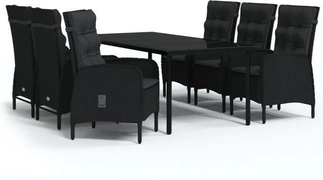 vidaXL 7-teilige Garten-Essgruppe aus Polyrattan mit Glasplatte und Kissen in Schwarz - Bild 1