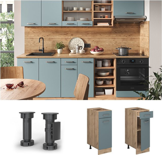 Vicco Küchenunterschrank R-Line Schubunterschrank in Blau-Grau und Solid Eiche - Bild 1