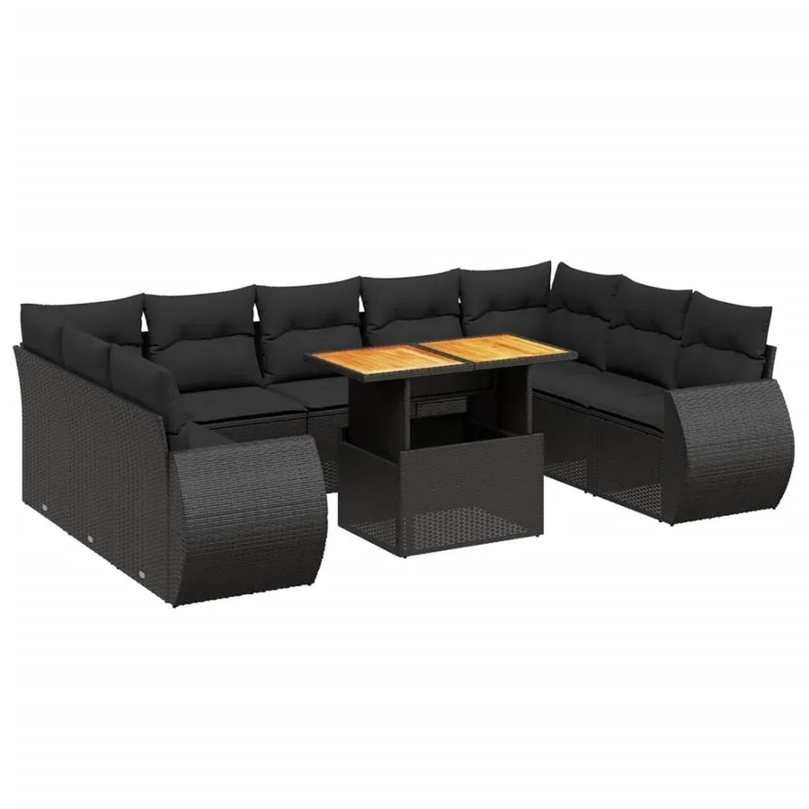 vidaXL 10-tlg. Garten-Sofagarnitur in L-Form aus Polyrattan und Akazienholz mit Kissen, Schwarz - Bild 2