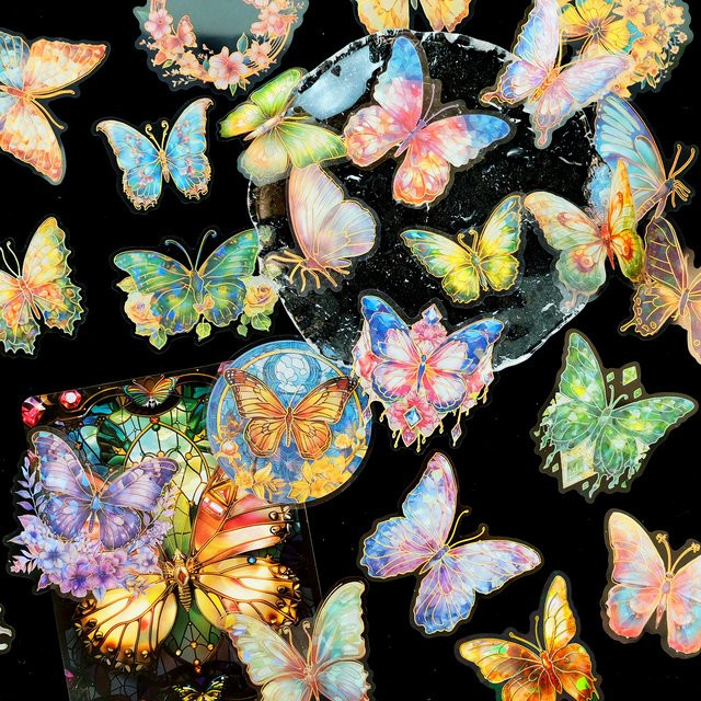 30 Stück YIIMANNER Vintage Schmetterlingsaufkleber, holografische und glitzernde PVC-Aufkleber in Multicolour, wasserdicht und transparent - Bild 1