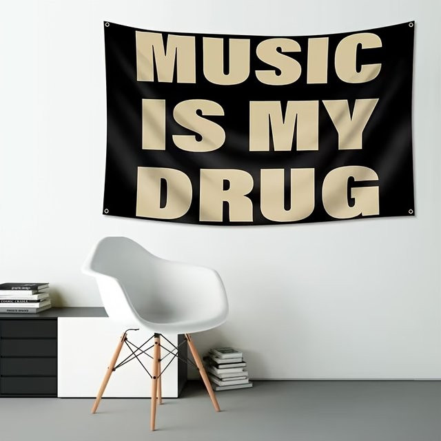 VIKAMA Retro Wandteppich mit Aufschrift MUSIC IS MY DRUG in Multicolour, Breite: 60 cm, Höhe: 40 cm - Bild 1