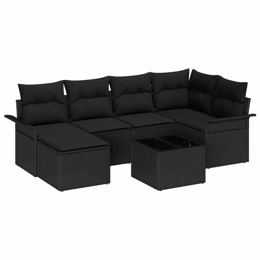 vidaXL Garten-Sofa-Set aus Polyrattan in Schwarz mit 7-teiliger Polsterung und Kissen in L-Form - Bild 2