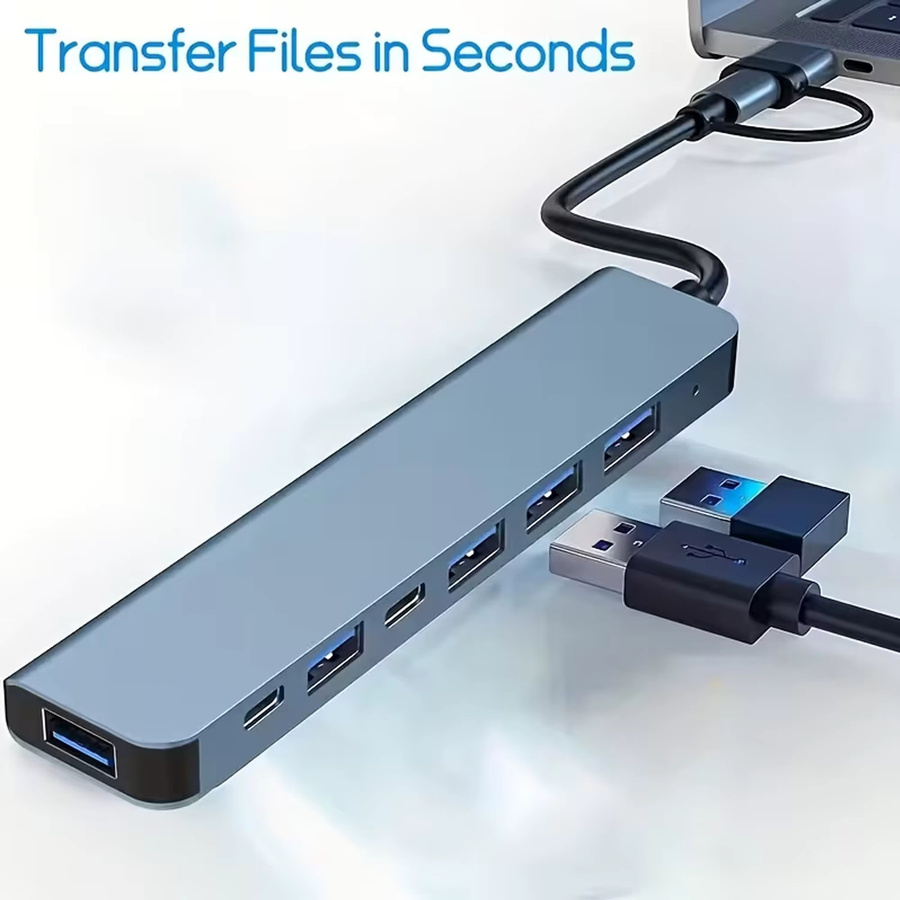 HUB7-in-1 USB-C Splitter aus Aluminiumlegierung mit 2 USB-C und 5 USB-A Anschlüssen, 5 Gbit/s, Ultra Slim, Farbe: Silber/Grau - Bild 3